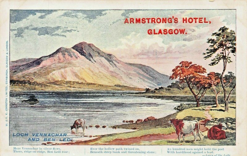 LOCH VENNACHAR & BEN LEDI SCOTLAND~ARMSTONGS HOTEL GLASGOW POSTCARD