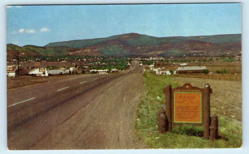 RATON, NM New Mexico~ Entrance Sign, Highway Scene c1960s Rembrandt Postcard