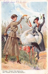 Military Woman feed Frogs to Stork Birds Baby Pond 1916 field WWI postcard C359