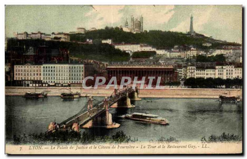 Old Postcard Lyon Courthouse and Fourviere Coteau La Tour and Gay Restaurant