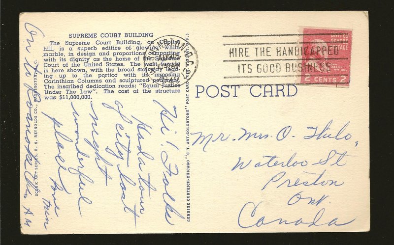 USA Postmark 1949 Washington DC Supreme Court Building Linen Postcard