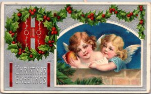 Christmas Greetings, Embossed Angels Cherubs c1908 Vintage Postcard Y46