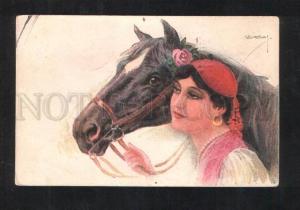 3072281 Glamour Lady w/ HORSE by USABAL vintage PC