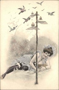 Unusual Risque Sexy Woman Lingerie Birds Bags of Money Washboard? Postcard