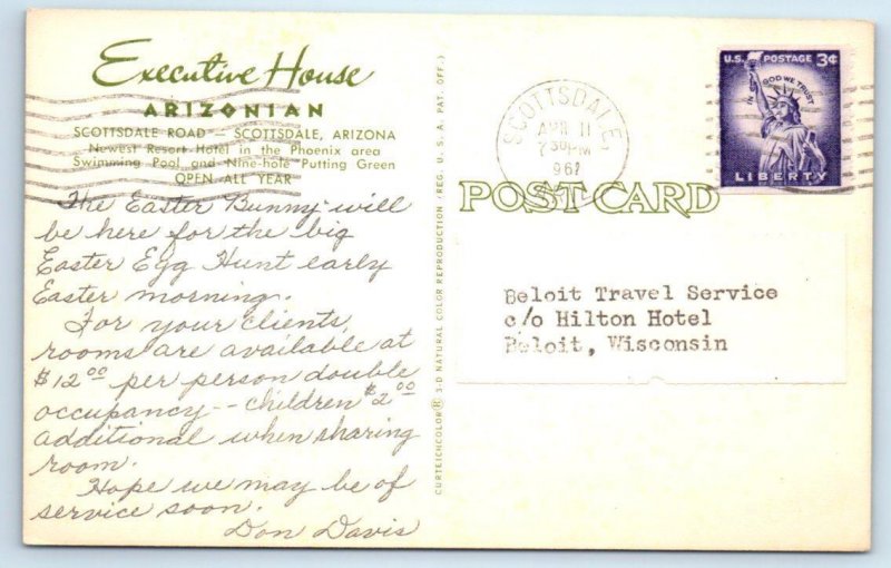 2 Postcards SCOTTSDALE, AZ ~ Pool EXECUTIVE HOUSE ARIZONIAN Hotel 1960s Postcard