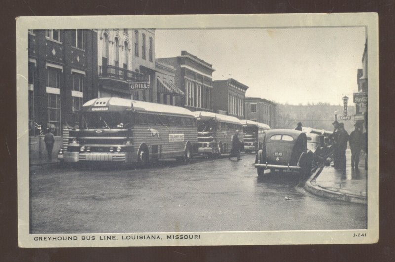 LOUISIANA MISSOURI DOWNTOWN STREET SCENE GREYHOUND BUS DEPOT OLD POSTCARD