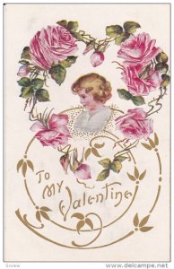 TO my VALENTINE, Child's face in Heart shaped roses, Gold detail, PU-1909