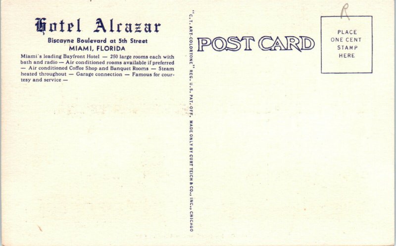 1934 Hotel Alcazar Biscayne Boulevard Miami Florida Postcard