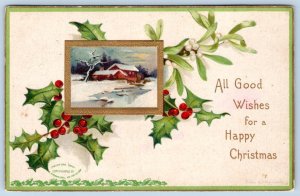 1907 ELLEN CLAPSADDLE MERRY CHRISTMAS HOLLY EMBOSSED INTERNATIONAL ART PUBL CO