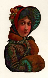 Vintage 1890's Victorian Die Cut - Beautiful Girl - Red Bonnet Roses - Nice Coat