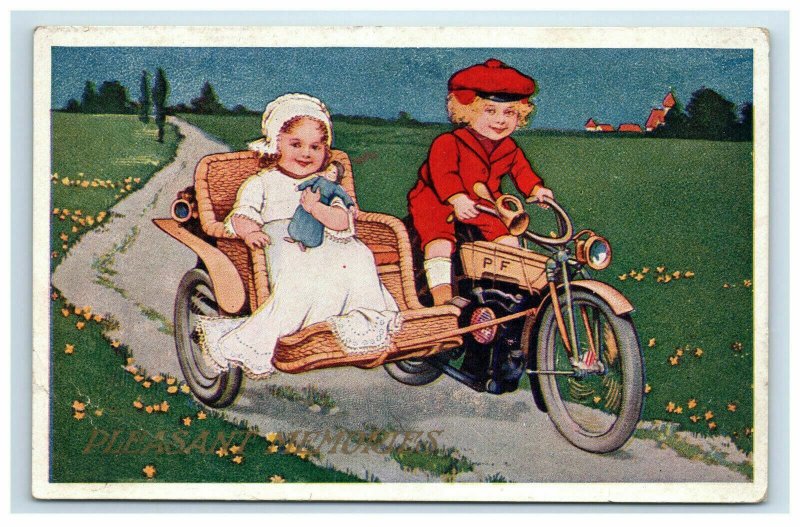 Adorable Children Doll Motorbike Motorcycle Sidecar Boy Girl Postcard