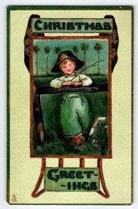 Christmas Postcard Dutch Boy Fishing Pole Wood Shoes Muff Ivy M. James 522 Tuck