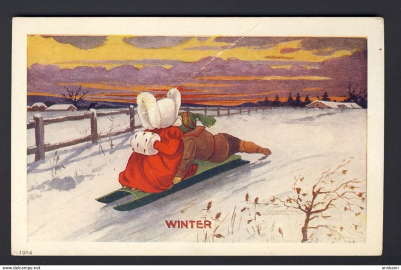 SUNBONNET GIRL - Sunbonnet Seasons - Winter -  sleigh riding snow