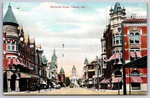 Fresno California~Mariposa Street~First National Bank~Farmers Bank~Trolley~c1910