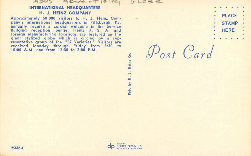 Pennsylvania Pittsburgh International Headquarters Heinz 1950s Postcard 22-10922