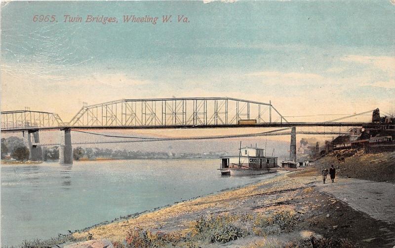 Wheeling West Virginia~Twin Bridges on Ohio River~Docked Boat~Men Walking~1918