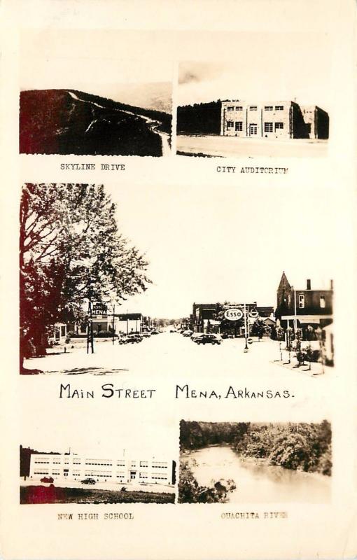 1930s Multiview RPPC Mena AR Polk Co. School Main Street Auditorium Ouachita Rvr