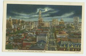 BALTIMORE MD SKYLINE @ NITE 1934 LOVELY LINEN POSTCARD