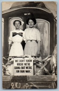 c1910's Women On Train Studio Props We're On Our Way RPPC Photo Antique Postcard