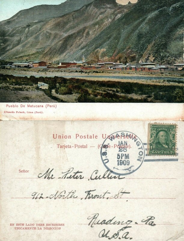 PUEBLO DE MATUCANA PERU 1909 ANTIQUE POSTCARD 