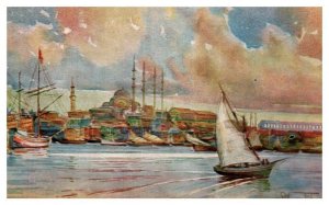 Sailboats in Constantinople Water Color Style Postcard