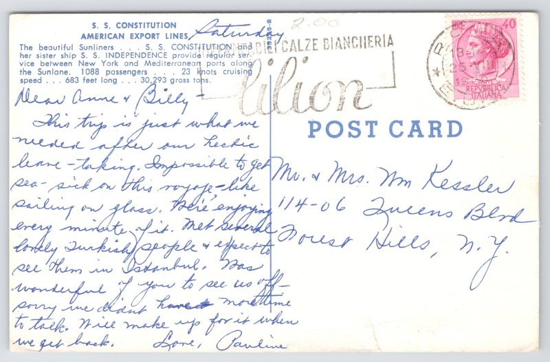 Transportation~SS Constitution America Export Lines~Vintage Postcard