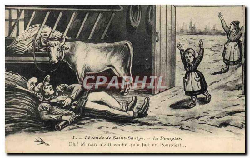 Old Postcard Firefighters Legend of Saint Saulge The Cow firefighter