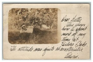 Vintage 1907 RPPC Postcard Man Laying in Grass - Silver Lake Illinois