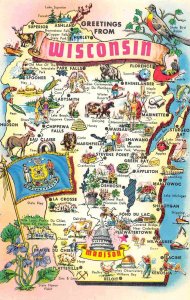 Wisconsin State Map Badger Robin Violet Cow Dairy Lake Sailing chrome postcard