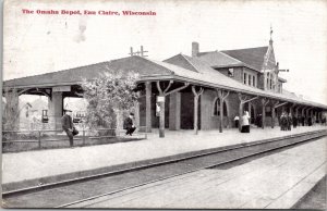 Eau Claire Wisconsin Omaha Depot Railroad Station with Passengers Postcard X4