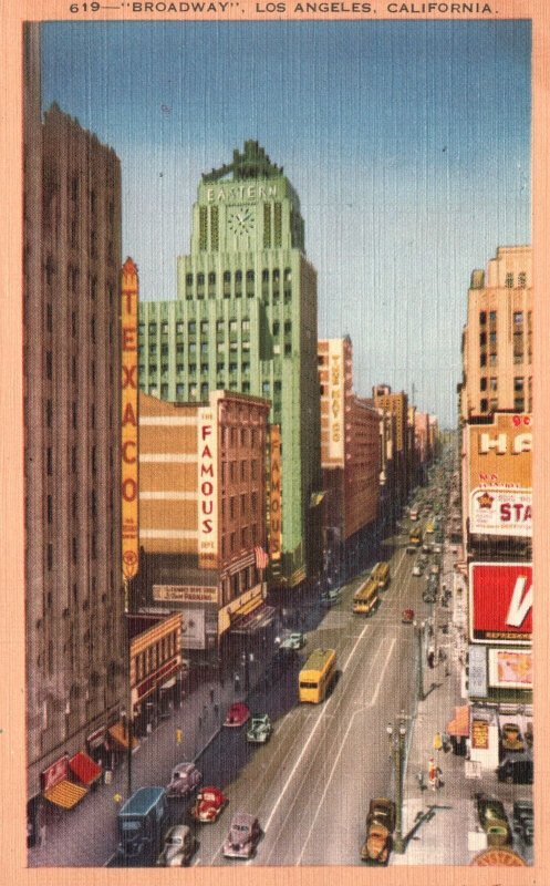 Los Angeles CA-California, Broadway Street View Cars Texaco Vintage Postcard