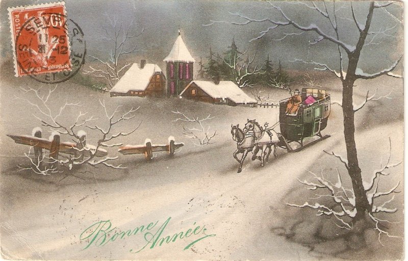 Diligence. Horses. On the snow Old vintage French New Year Greetings PC