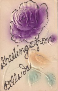 PELLA, Iowa, 1900-1910s; Purple Rose And Bird, Greetings