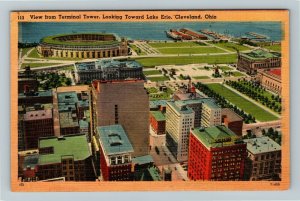 Cleveland, OH-OHIO, Aerial of City Stadium Lake Erie Boats, Linen c1942 Postcard