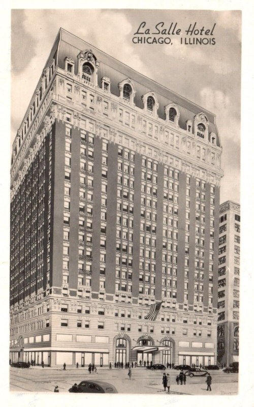 Postcard Photo Buildings La Salle Hotel Chicago IL Illinois Old Cars