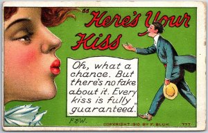 VINTAGE POSTCARD HERE'S YOUR KISS COUPLE HUMOR MAILED UTICA N.Y. 1911