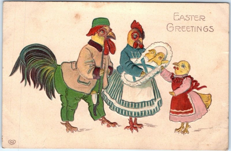 c1910s Anthropomorphic Easter Chickens Married Baby Chicks Postcard Embossed A86