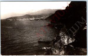 c1940s Unknown City Bay RPPC Mountain Boat Dock Pier Birds Eye Real Photo A163