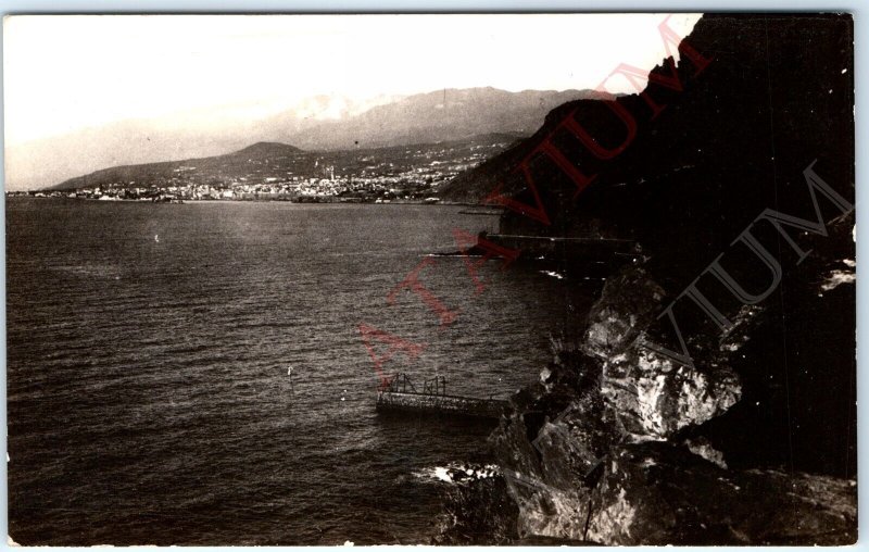 c1940s Unknown City Bay RPPC Mountain Boat Dock Pier Birds Eye Real Photo A163