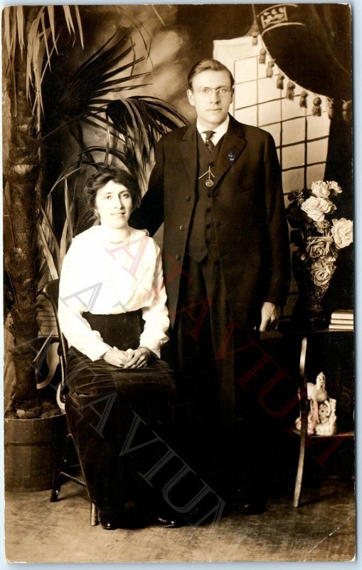 c1910s Married Couple Portrait RPPC Cute Wife Smile Real Photo Handsome Man A159