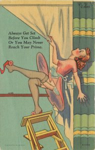1950s Sexy woman on ladder starting to fall Teich linen Postcard 22-10409