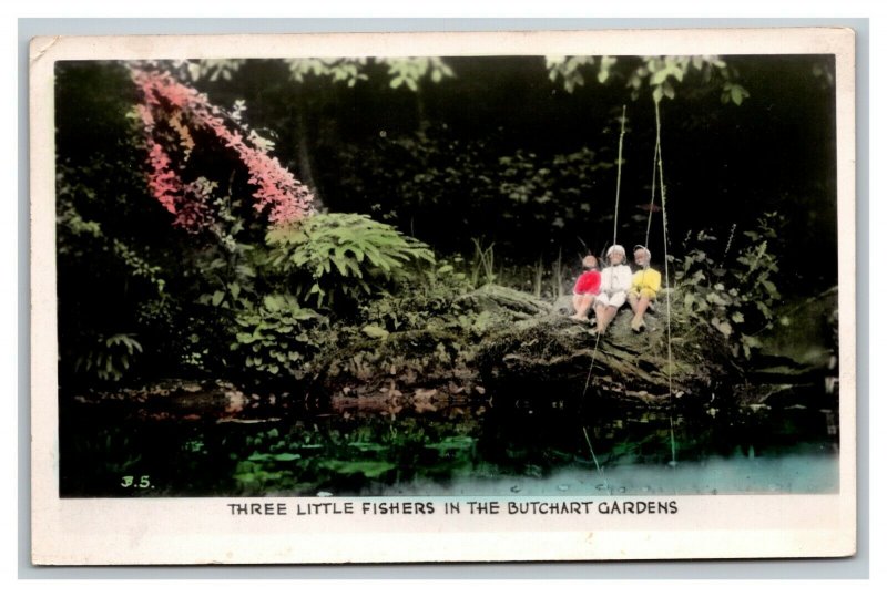 Vintage Mid Century Postcard Butchart Gardens 3 Fisherman Victoria Canada POSTED