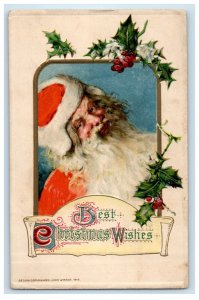 1913 Christmas Wishes Santa Claus Holly John Winsch Embossed Antique Postcard