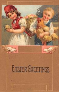 easter children and rooster  L4860 antique postcard 