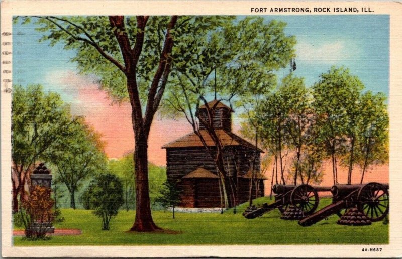 US Army Vintage Patriotic Postcard - Fort Armstrong - Rock Island Illinois