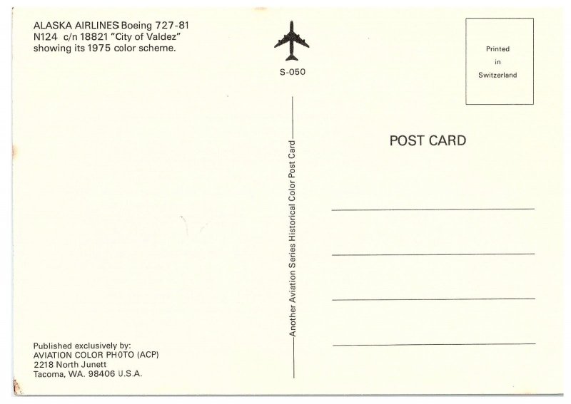 Alaska Airlines Boeing 727-81 City of Valdez Airplane Postcard
