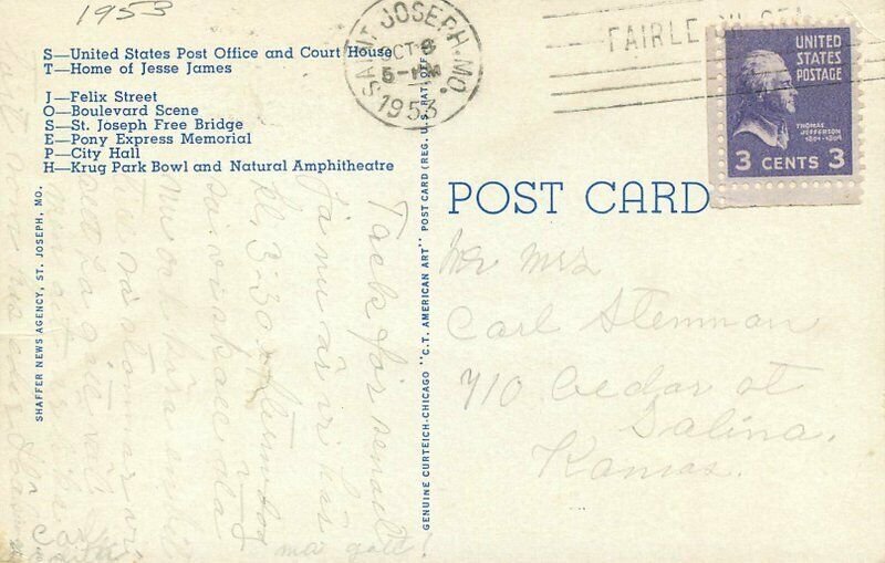 Large Letters Multi View 1953 St Joseph Missouri Postcard Shaffer Teich 20-8286