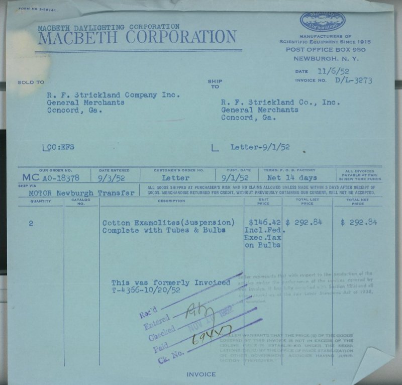 1952 Macbeth Corporation Newburgh NY Cotton Examolites Invoice 246 