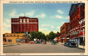 Vtg 1940s Government Street View Bus Terminal Old Cars Hotel Mobile AL Postcard