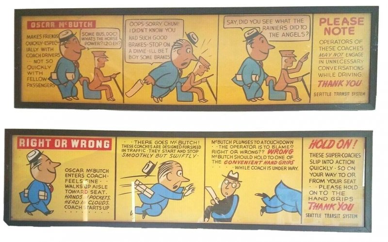 Vintage Seattle Transit Authority Oscar McButch 1940s Advertising Art Sign Comic